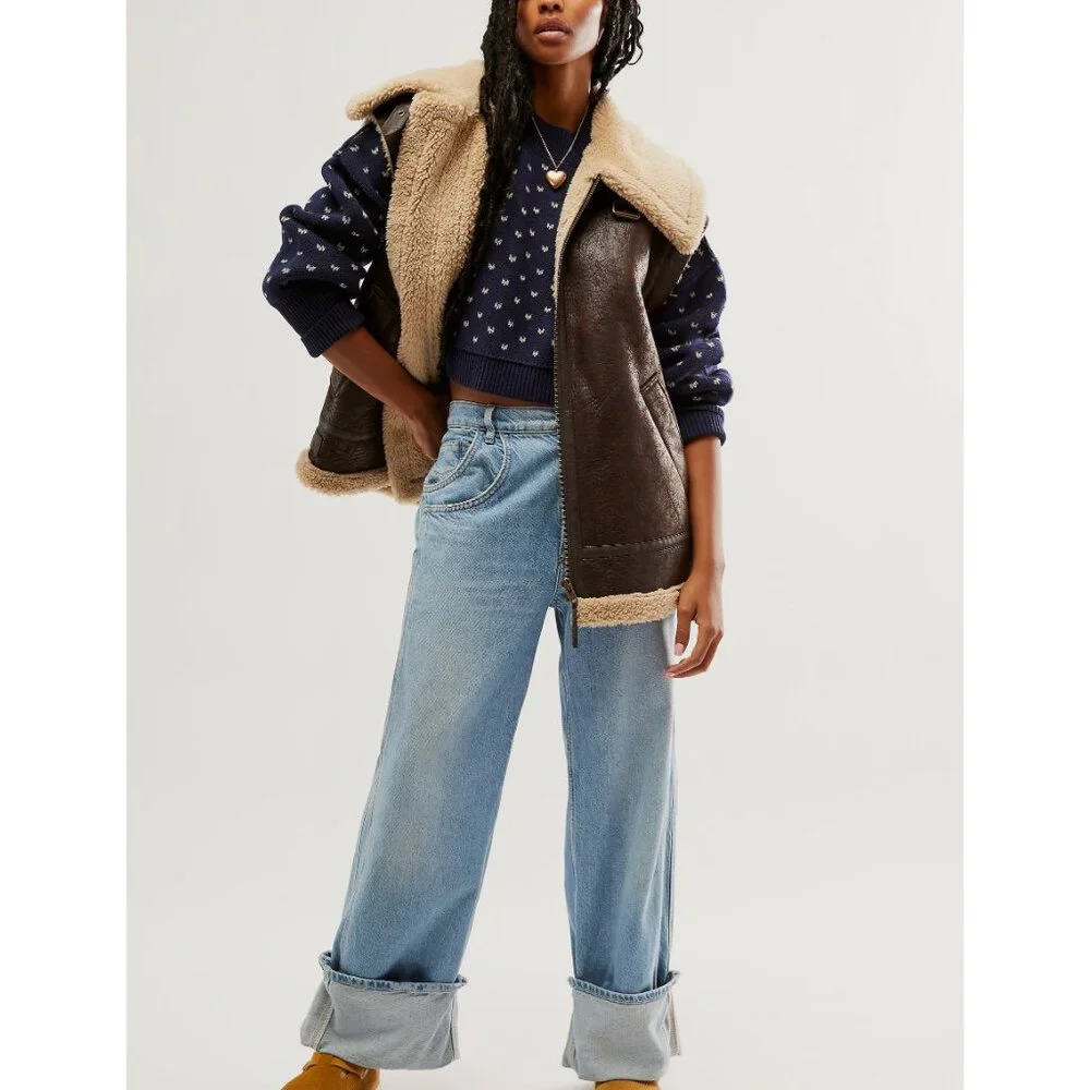 Free People Navy Blue Cropped Crewneck Sweater with Cream Dot Pattern